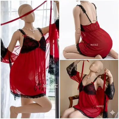 3 Pcs Women's Stitched Soft Net Lace-Work Night Suit / Bridal Nighty (Gown Inner Panty)