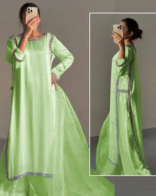 Hania Amir Inspired Indian Lace Work 3 Piece Suit for Women – Pure Shamoz Silk Long Shirt with Chiffon Dupatta & Plain Trouser | Premium Party Wear Dress