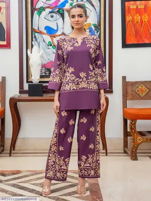 2 Pcs Women's Stitched Silk Printed Shirt And Trouser